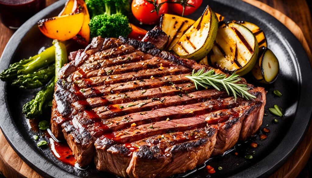perfect ribeye on grill Are you ready to take your grilling skills to the next level? Learn how to cook the perfect ribeye on grill that will impress everyone. This guide will teach you the secrets to grilling a juicy, flavorful steak. You'll learn how to pick the best cut and season it right, and how to grill it to perfection. Key Takeaways Learn how to choose the perfect ribeye steak for your grilling needs Discover the importance of marbling and aging for optimal flavor and tenderness Master the art of preparing your grill for how to grill ribeye steak perfection Explore essential techniques for seasoning, marinating, and searing your ribeye steak grilling tips Discover the secrets to resting and slicing your steak like a pro The Art of Selecting the Perfect Ribeye Steak Choosing the perfect ribeye steak is key for great grilling results. It's important to know about the different cuts and grades. Also, understanding marbling and aging is crucial for the best ribeye steak experience. Choosing the Right Cut and Grade For ribeye steak, the cut and grade matter a lot. Aim for a well-marbled ribeye steak with a bright, cherry-red color. It should also have a firm, velvety texture. USDA Choice or Prime grades are top choices because they offer great ribeye steak quality and taste. Understanding Marbling and Aging Marbling, the fat within the meat, shows how tender and tasty a ribeye steak will be. The more marbling, the juicier and tastier it is. Aging the ribeye steak also improves its texture and beefy flavor. This makes aging a key factor in choosing the right steak. Ribeye Steak Attribute Ideal Characteristics Cut USDA Choice or Prime Marbling Abundant, well-distributed Aging Minimum of 21 days for enhanced flavor and tenderness Keep these tips in mind to pick the perfect ribeye steak. This will help you have a great grilling experience. https://youtube.com/watch?v=QNdlI7Fpc6M Preparing Your Grill for Ribeye Perfection Getting your grill ready for the perfect ribeye steak is key. Make sure your grill can handle the high heat needed for a great sear and even cooking. This step is crucial for a delicious grilling experience. Cleaning and Oiling the Grates Begin by cleaning your grill grates well. Use a grill brush or a ball of aluminum foil to get rid of any leftover food or residue. This ensures your ribeye won't stick to the grates. Then, lightly oil the grates with a high-heat cooking oil like vegetable or canola oil. This creates a non-stick surface. Preheating for the Perfect Temperature Getting the grill to the right grill temperature for ribeye is key for a perfect sear and even cooking. Heat your grill to about 450-500°F (232-260°C). This high heat lets you how to prepare grill for ribeye and creates a nice crust on the outside. It also makes sure the inside is cooked just right. Preheat the grill for at least 15-20 minutes to ensure it reaches the proper temperature. Use a grill surface thermometer to check the temperature and adjust as needed. By preparing your grill well, you're on your way to grilling a ribeye steak that's perfectly seared and juicy. Follow these tips to master how to prepare grill for ribeye and grill temperature for ribeye. This will give you a great grilling experience. Perfect Ribeye on Grill: Essential Techniques Learning to grill the perfect ribeye steak is about knowing key techniques. These include seasoning, marinating, controlling the grill temperature, and getting the perfect sear. These steps help bring out the best flavor and juiciness in your grilled ribeye steak recipe. Seasoning and Marinating for Flavor Explosion For a delicious ribeye steak seasoning, mix spices and herbs well. Start by seasoning your steak with salt, pepper, and your favorite herbs or spices. For extra flavor, make a ribeye steak marinade with soy sauce, olive oil, garlic, and more seasonings. Let the steak marinate for at least 30 minutes or up to 24 hours for the best flavor. Mastering Grill Temperature and Searing Getting a great sear on ribeye steak is key for keeping juices in and creating a tasty crust. Heat your grill to 450-500°F before adding the steak. Don't move the steak while it's searing to get a nice crust. After searing, lower the heat to medium-high and cook until it's done, usually 4-6 minutes per side for medium-rare. "The secret to a perfectly grilled ribeye steak lies in the right balance of seasoning, temperature, and searing technique." Mastering these techniques will help you make grilled ribeye steak that's full of flavor and tender. Remember, success comes from patience, paying attention to details, and trying different methods until you find what works best for you. Grilling Tips for Juicy and Tender Ribeye Steaks Once your perfectly grilled ribeye steak is off the heat, the final steps of resting and slicing can make all the difference. These expert tips will help ensure your ribeye steak is juicy and tender. Resting and Slicing Like a Pro After grilling your ribeye to perfection, let it rest for 5-10 minutes before slicing. This resting period lets the juices spread evenly throughout the meat. When you're ready to slice, use a sharp, high-quality knife. Cut against the meat's grain for tender and easy-to-chew slices. Mastering the art of resting and slicing your ribeye steak is key to the perfect result. With these simple tips, you'll grill like a pro and impress your guests with every bite. FAQ What's the best way to grill a ribeye steak? Start by picking a well-marbled, aged cut of ribeye. Season it well with your favorite spices. Then, sear it over high heat for a delicious char. Let it rest before slicing and serving. How long should I grill a ribeye steak? Grilling time for a ribeye depends on its thickness and how done you like it. For a 1-inch thick steak, grill it for 4-6 minutes per side for medium-rare. Adjust the time as needed. What's the best way to season a ribeye steak for grilling? Seasoning is key for a flavorful ribeye. Use a simple rub with coarse salt, black pepper, garlic powder, and maybe paprika or rosemary. Marinating the steak for up to 24 hours adds even more flavor. How do I get a good sear on my grilled ribeye? For a perfect sear, make sure your grill is hot, around 500°F to 600°F. Dry the steak, then place it over the hottest part of the grill. Let it sear for 2-3 minutes per side before flipping. What's the best way to slice a grilled ribeye steak? After grilling, let the ribeye rest for 5-10 minutes. Then, slice it against the grain for tender and juicy bites. Use a sharp knife and slice evenly for the best look.